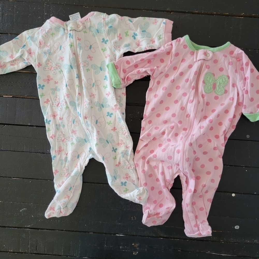 Gerber 0-3 Months Baby Girl Pajamas Bundle Lot Polka Dot Butterfly Colorful Pink